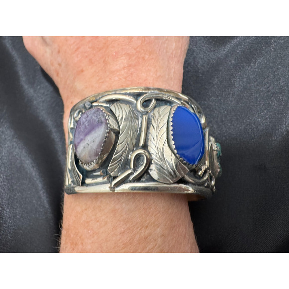 Large Southwestern Cuff Bracelet Nickel Silver Multi Stones Turquoise Chunky Vtg - Picture 2 of 12